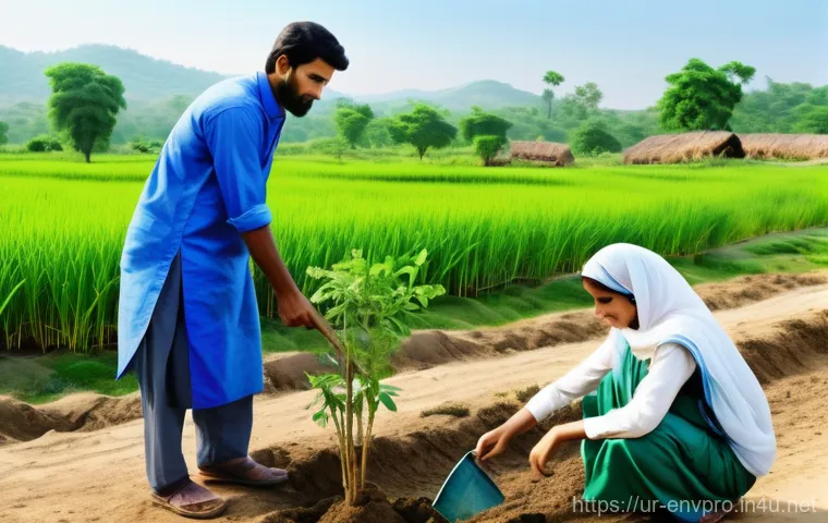 환경보호 직무 멘토링 사례 - **Prompt:** A vibrant, futuristic image showcasing young Pakistani environmental engineers, both mal...